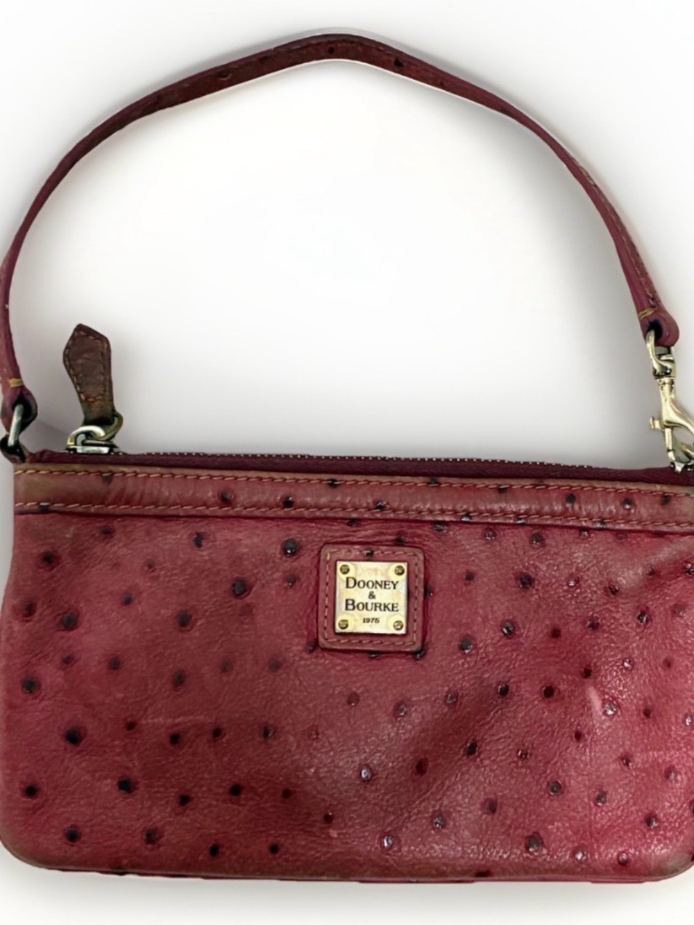 Dooney Bourke Burgundy Dark Red Ostrich Embossed Leather Clutch Pouch Wristlet